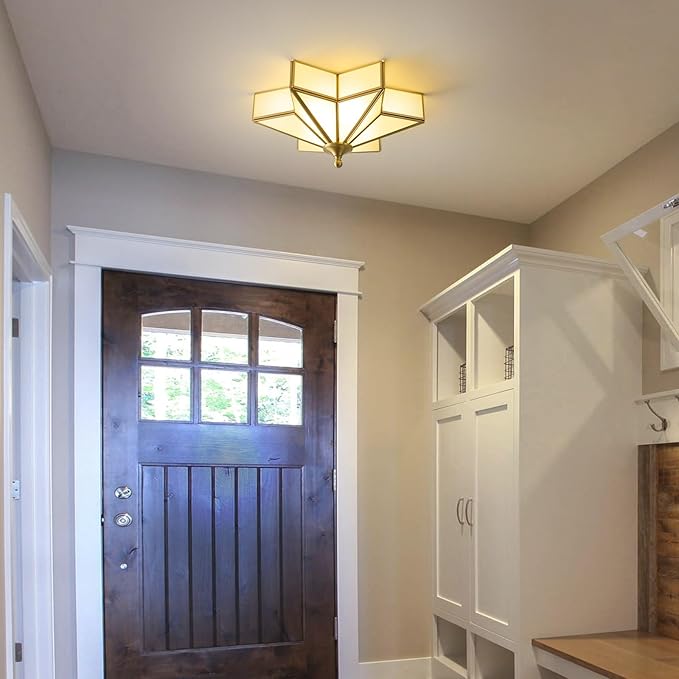 Star Brass Glass Ceiling Light - Small 12 Inch Gold Milk Flush Mount Fixture - Unique Art Deco Vintage Modern Lighting Lights for Bedroom Dining Foyer Entryway Hall Hallway Outdoor Porch