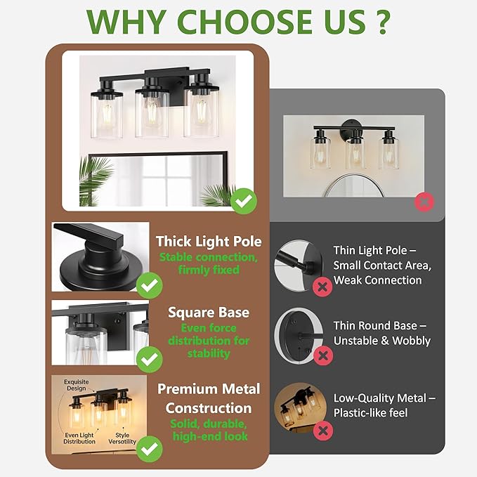 DORESshop 17 Inch Bathroom Light Fixtures, 3-Light Black Bathroom Lighting Fixtures Over Mirror with Clear Glass Shade, Vanity Lights for Bathroom Living Room Bedroom, ETL Listed