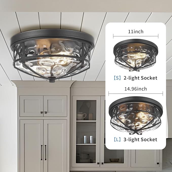 Darkaway Flush Mount Ceiling Light Indoor Outdoor Ceiling Light Fixtures with Water Ripple Glass Shade,Modern Ceiling Fxiture for Laundry Kitchen Bedroom Bathroom Porch Living Room