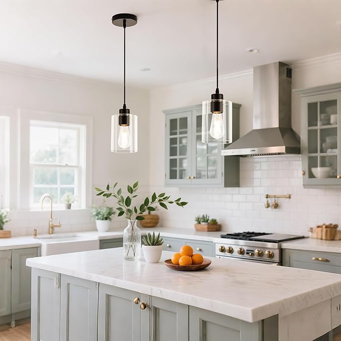MAYNA 2 Pack Black Pendant Lights Kitchen Island, Mini Pendant Light Fixture with Clear Glass Shade, Adjustable Cord Industrial Farmhouse Hanging Ceiling Lamp for Dining Room, Sink, Bar(Bulb Included)
