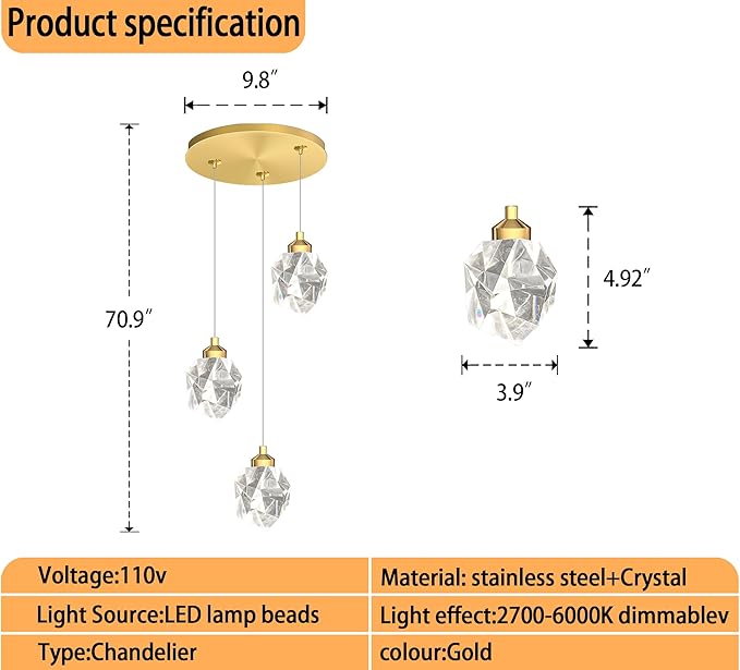 Gold Pendant Light Dimmable LED 3-Light Modern Pendant Light Kitchen Island Dining Room Bar