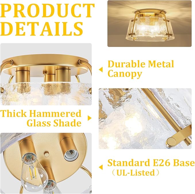 Gold Semi Flush Mount Ceiling Light 3-Light Modern Hammered Glass Chandelier Entryway Light Fixtures Kitchen Lighting Close to Ceiling Lights for Hallway Dining Room Bathroom Bedroom Foyer