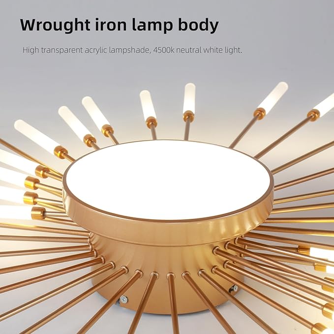 JAYMP 50.4" Ceiling Light Modern Flower Shape Ceiling Lamp for Living Room Dining Room Flush Mount Metal Acrylic Sputnik Firework Petal LED Lighting Fixture (Matte Gold, 42+1 Lights)