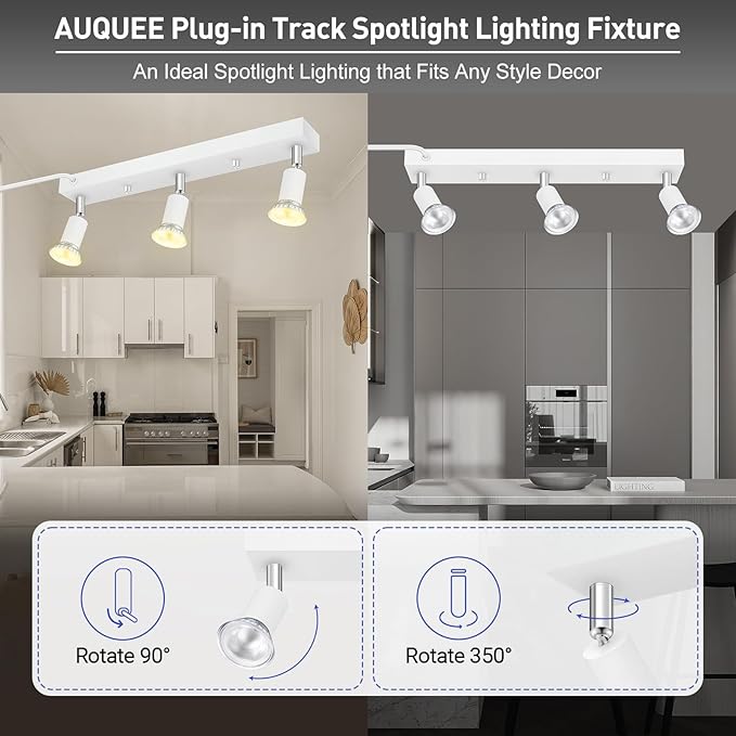 Plug in Track Lighting, 16" LED Track Light Fixtures Ceiling, White 3 Way GU10 Wall Spotlight, Rotatable Track Head, Plug in Ceiling Light Kitchen Hallway Living Room,15 Foot Power Cord(NO Bulb)