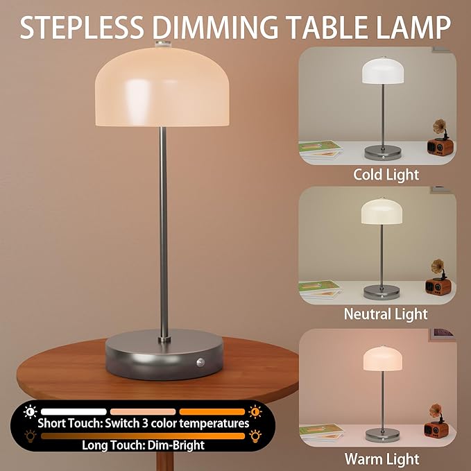 Small Portable Cordless Table Lamp, 3-Way Dimmable Touch Rechargeable Battery Powered Mushroom Lamp Bedroom Dining Table Living Room Shelf Decor,Gold