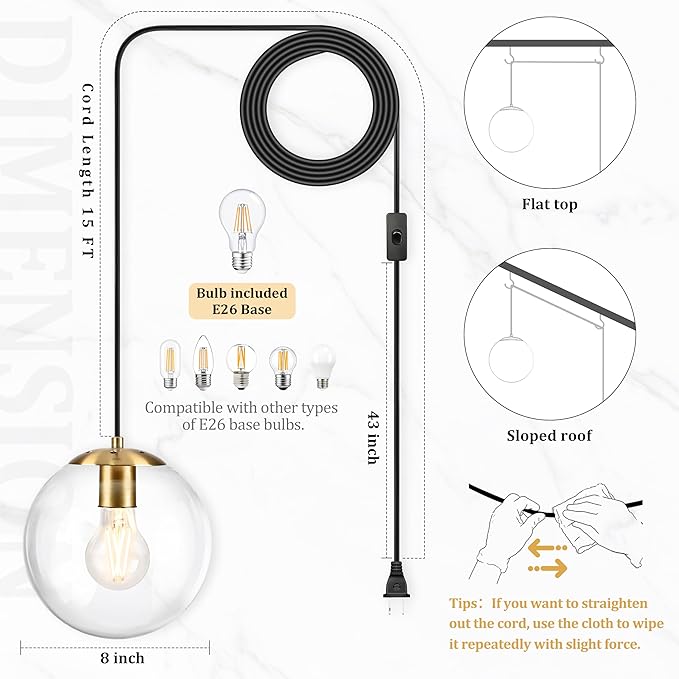 KoKo&Yukina 8" Globe Pendant Light Gold Plug in Pendant Light Adjustable Hanging Lights with Plug in Cord Brushed Gold Finished with Clear Glass Lampshade for Bedroom Kitchen Island（Bulb Included）