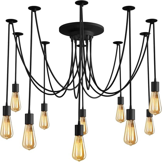 Fuloon Vintage Edison Multiple Ajustable DIY Ceiling Spider Lamp Light Pendant Lighting Chandelier Modern Chic Industrial Dining with Romote Control (10 Head Cable 200cm/78.7inch) (10 Head)