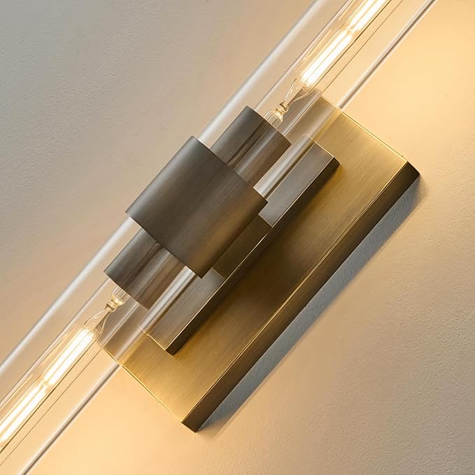Linear Brass Bathroom Wall Sconce - Luxury Antique Brushed Sconces - Modern Gold Lighting with Clear Glass Tube - Dimmable Vanity Lights Fixture for Bedroom Living Room Hallway Indoor Decor