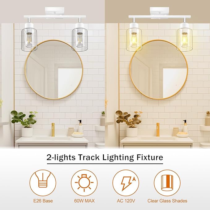 BoostArea White LED 2 Light Track Lighting Kit, 2 Way Ceiling Spot Lighting with Glass Lampshade, Flexibly Rotatable Light Head for Kitchen, Living Room, Bedroom, Bulb Not Included