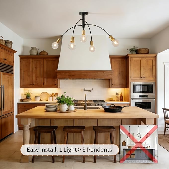 Mid Century Semi Flush Mount Dining Room Ceiling Light Fixture,Modern 5 Light Gold and Black Sputnik Kitchen Island Chandelier for Living Room Bedroom