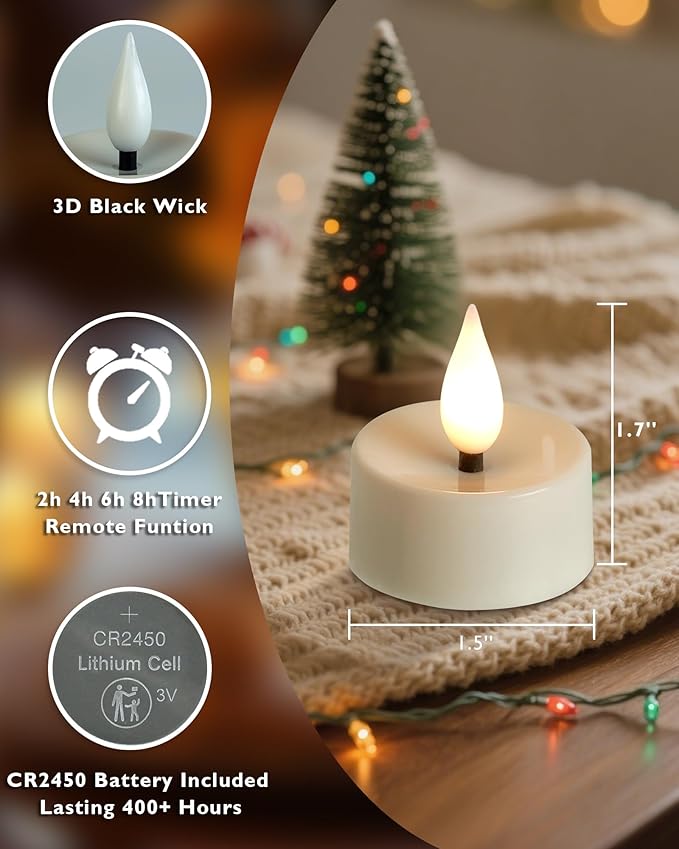 Amagic Flameless Timer Remote Tealights Candles, 3D Black Wick Flickering Tea Lights, 400+Hour White Votive Candles Battery Operated, Set of 24 for Wedding Table Decor, Halloween, Christmas, Holiday