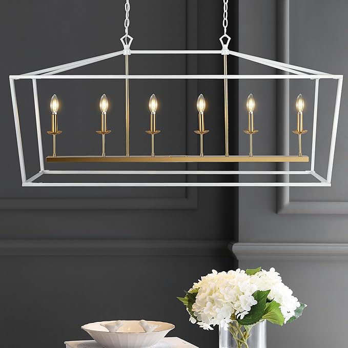 JONATHAN Y 49" White/Brass Gold Lantern Pendant Light, 1-Light Pagoda Style Metal Cage Farmhouse Hanging Ceiling Fixture for Kitchen Island, LED Bulb Included (JYL7439E)