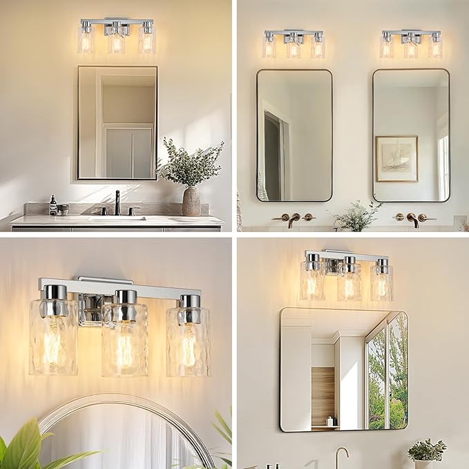 3-Light Bathroom Light Fixtures Modern Chrome Vanity Lights with Water Ripple Glass Wall Sconces Over Mirror for Bathroom, Powder Room, Living Room