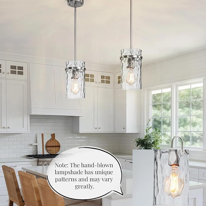 5.5" Brush Nickel Hammered Glass Pendant Light Fixtures, Brushed Nickel Pendant Lights Kitchen Island, Modern Kitchen Island Light Dining Room Light Farmhouse Island Lights Sink 2 Pack