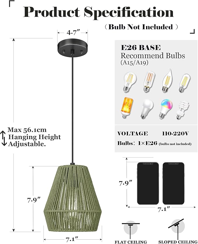 ELYONA Woven Pendant Lights, 7” Rustic Rattan Hanging Lamp Adjustable Handwoven Basket Shade, Boho Pendant Light Fixtures for Kitchen Island, Dining Room, Bedroom, Farmhouse Bar, Foyer Hallway, Green