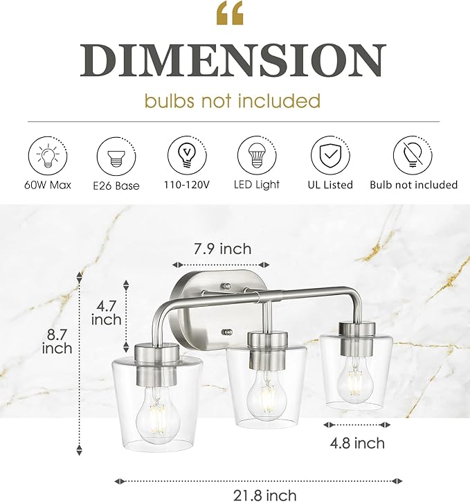Bathroom Light Fixtures, 3-Light Brushed Nickel Vanity Lights Over Mirror with Clear Glass, Modern Vanity Lighting Fixtures, AD-22004-3W-SN-C