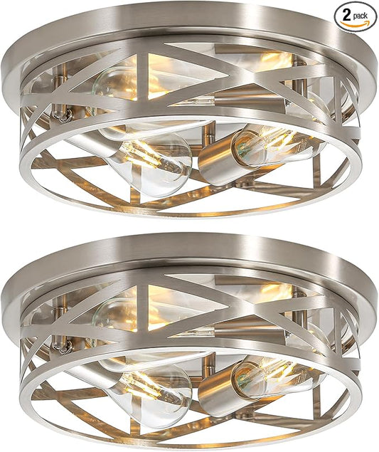2 Pack Brushed Nickel Flush Mount Ceiling Light, 3-Light Close to Ceiling Light Fixtures, 13 Inch Metal Ceiling Lights for Bedroom, Living Room, Porch Kitchen