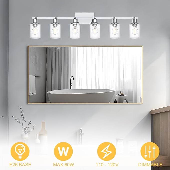 6-Light Track Lighting Kit Ceiling Kitchen Track Lighting Fixtures Chrome Bathroom Vanity Wall Lights with Clear Glass Multi-Directional Rotating Tracking Light Heads Spotlight for Accent Shop