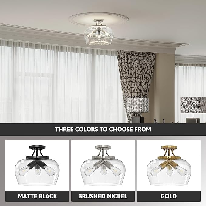 VONLUCE Semi Flush Mount Ceiling Light, 13.8" Ceiling Light Fixture with Clear Glass Shade, E26 Base, 3-Bulb Industrial Lighting Fixture for Hallway Entryway Bedroom, Brushed Nickel, ETL Certificated