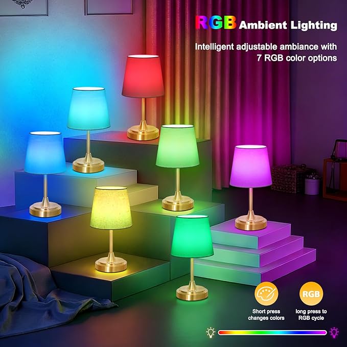 Wowag Small Cordless Table Lamp Rechargeable,5000mAh Battery Operated Desk Lamp,3 Colors & 7 RGB Stepless Dimmable,Touch Ambient Light for Bedside,Bedroom,Dining Room,Living Room,Gold,WhiteShade