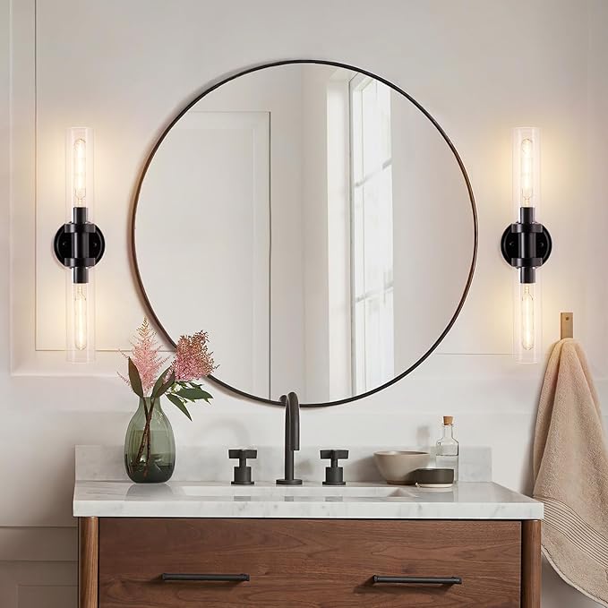 SANTOSTOCK Black Sconces Wall Lighting, Bathroom 2-Light Vanity Light W/Clear Glass Shade, Modern Wall Mounted Lights for Mirror, Makeup Vanity, Kitchen, Washroom, Hallway, E26 T10 Bulbs(Excluded)