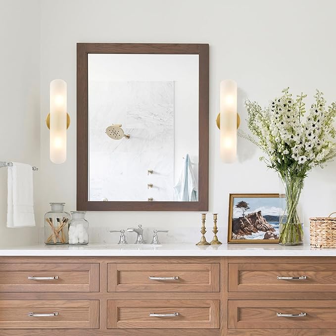 DAYCENT Modern Brass Wall Sconces Set of Two Frosted Glass Wall Light Fixture 2-Light Cylinder Bathroom Vanity Lights Gold Glass Sconces Wall Lighting for Hallway Bedroom Staircase