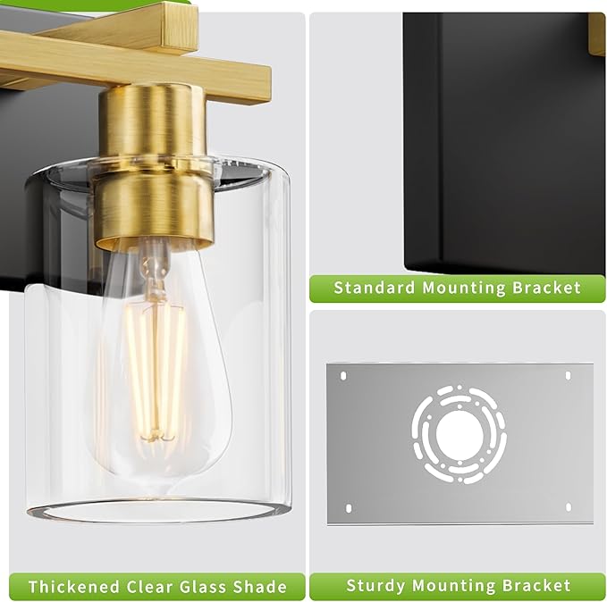 Espird Bathroom Vanity Light,3 Light Matte Black and Gold Light Fixture with Thickened Clear Glass Shade, 21 inch Modern Wall Sconce, Bathrooms Vanity Light Over Mirror for Bathroom