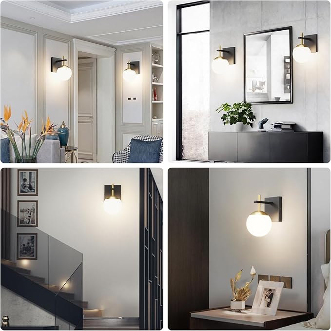 Ralbay Black Gold Indoor Wall Sconces Set of 2,Mid Century Modern Bathroom Wall Lighting Fixtures Milky Glass Wall Lamp for Bedroom Living Room Vanity Hallway,Black and Gold(Exclude Bulb)