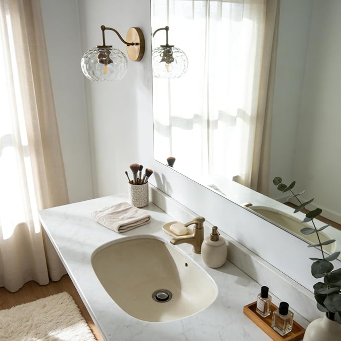 Modern Iridescent Glass Wall Sconce Gold Brass Wall Light Set of 2 Hammered Clear Glass Vanity Light for Bedroom Hallway Living Room Stairwell Bathroom Over Mirror