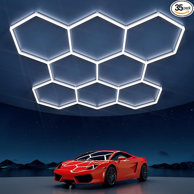 Hexagon Garage Lights: 245W 35 Pack 8 Grids LED Garage Lights - Easy Install 6500K Super Bright Honeycomb Light for Warehouse, Car Detailing Shop, Exhibition Hall, Gym