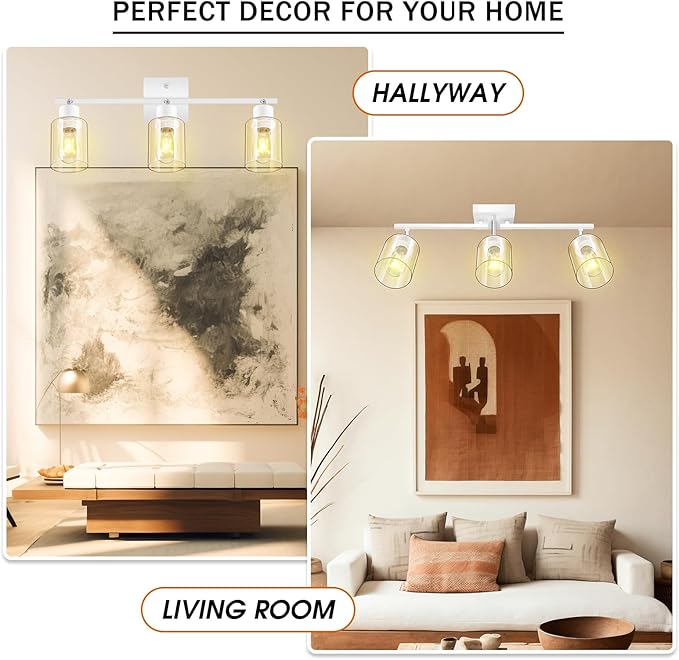 Track Lighting Kit, Track Lighting Fixtures Ceiling Kitchen, 23" White 3-Light Ceiling Spotlight with Clear Glass Shade, Rotatable Track Head, White Wall Lamp for Island, Vanity(E26 Base, No Bulb)
