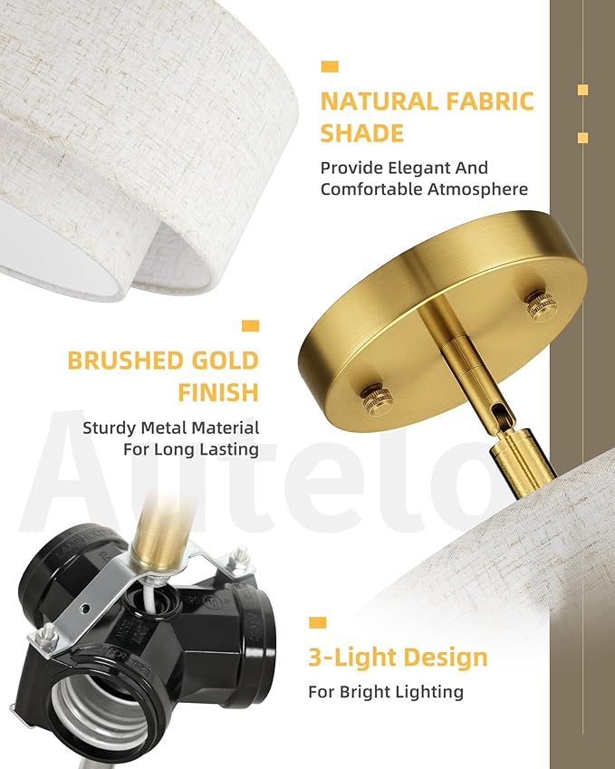AUTELO Gold Semi Flush Mount Ceiling Light, 3-Light 16" Ceiling Light in Brushed Gold Finish with Drum Fabric Shade for Hallway Bedroom Kitchen, C2506 BG-16