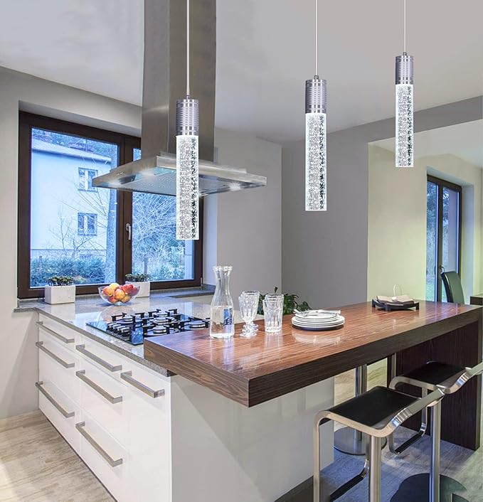 HAIXIANG Modern Kitchen Island Hanging Light Fixtures Crytstal Pendant Lighting for Kitchen Island Chrome Mini Chandelier with 6000K Daylight Bulb