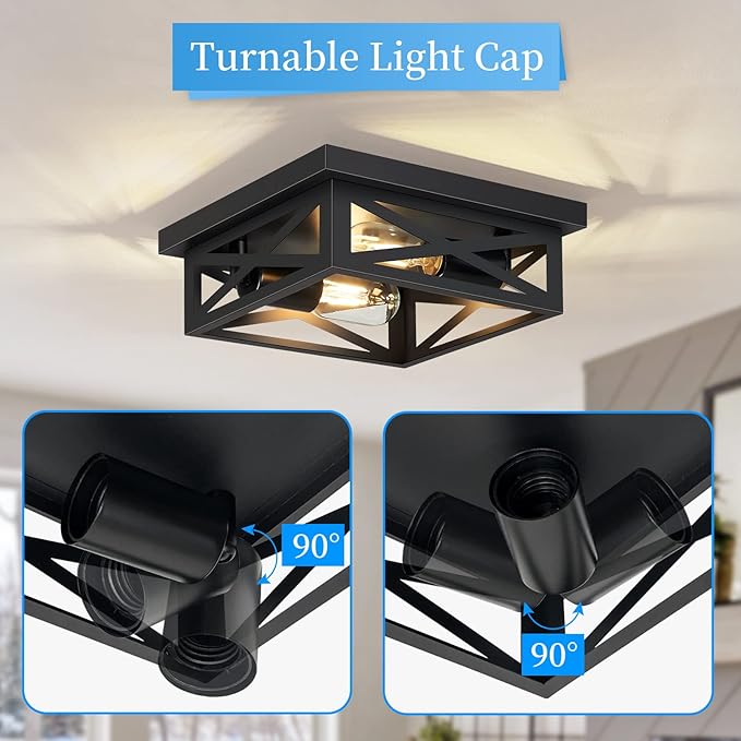 Black Flush Mount Ceiling Light Fixture,2-Light Square Hallway Light Fixtures Ceiling,Light Fixtures Ceiling Mount for Farmhouse,Kitchen,Hall,Bedroom (2 Pack)