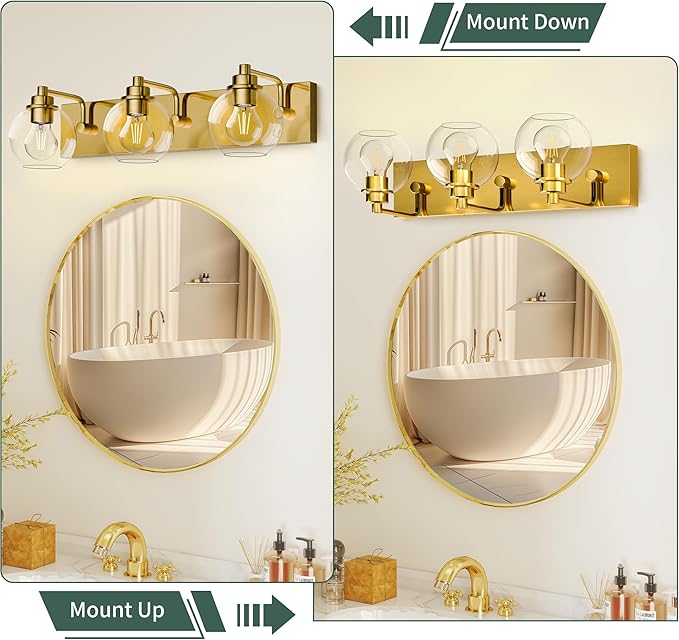 Espird 3 Light Bathroom Light Fixtures-Brushed Gold Bathroom Vanity Lights, Modern Vanity Lights 3-Light Bathroom Lighting Fixtures Over Mirror with Clear Glass Globe Shade