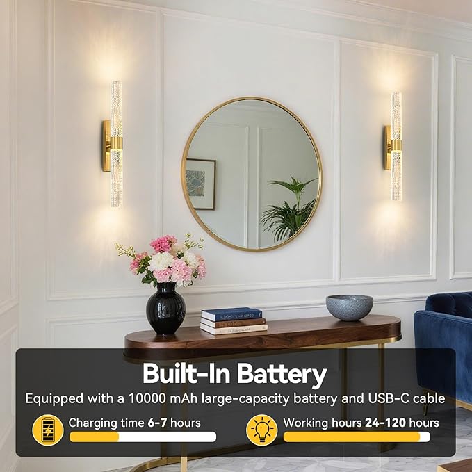 Battery Operated Wall Sconces Set of 2, 10000mAh Gold Rechargeable Wall Lights with Remote, Dimmable Wireless Wall Lamp for Bedroom, Living Room, Hallway, 15.7- Inch