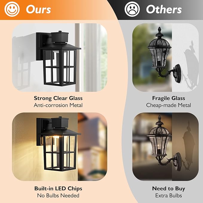 Brightever LED Outdoor Wall Lights, 10W Black Exterior Light Fixture with Clear Glass Shade, 3000K/4000K/6500K Selectable, 800LM High Brightness Outdoor Wall Lanterns for Patio Waterproof, Pack of 2