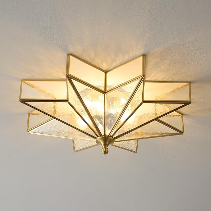 Star Brass Glass Ceiling Light - 19.5 In Gold Hammered Large Flush Mount Fixture - Art Deco Mid Century Vintage Modern Moravian Lighting Lights for Bedroom Dining Entryway Foyer Living Room