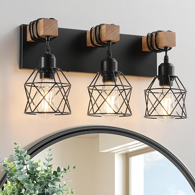 Farmhouse Vanity Light Fixture,3-Light Bathroom Lighting,Black Industrial Wood Wall Light Over Mirror with Metal Shade,Bulbs NOT Included