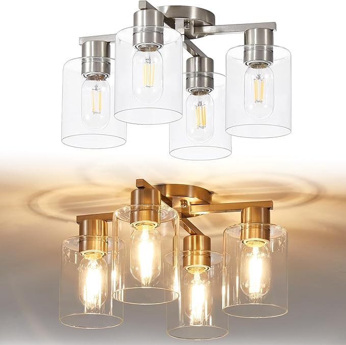 YYT Kitchen Lighting Fixtures Ceiling, Semi Flush Mount Ceiling Light, Brushed Nickel Cieling Lights Fixture, 4 Light Kitchen Light fixtures with Glass Shade for Bedroom Dining Room