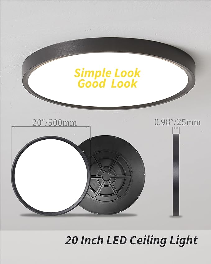 1Pack 20 Inch Large LED Flush Mount Ceiling Light, 40W,4350LM, 3000K/4000K/6000K CCT Selectable,Black Round Flat Panel Light Low Profile Ceiling Light Fitures for Hallway, Kitchen, Bedroom, Office