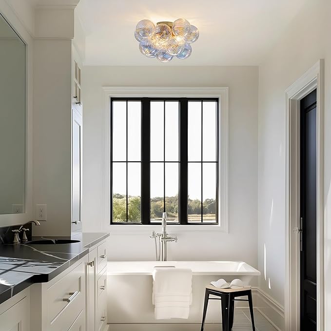 Semi Flush Mount Ceiling Light 18.5"-Glass Bubble Chandelier Lighting Modern Hallway Light Fixtures Brushed Gold with 13 Swirled Colorful Globe for Dining Room Kitchen Bathroom Entryway Bedroom