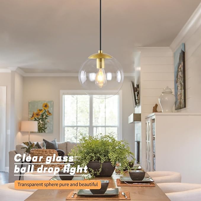 KoKo&Yukina 8 Inch Globe Pendant Lighting for Kitchen Island Mid Century Modern Hanging Light Fixture with Clear Globe Glass Gold Brass Hanging Ceiling Lights for Sink Bathroom Entryway (Bulb Incl.)