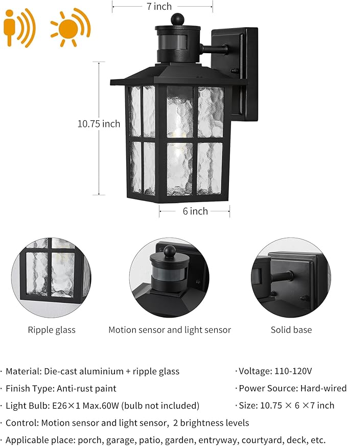 KDG Outdoor Motion Sensor Patio Wall Light Fixtures Set of 2, Black E26 Socket Waterproof Lanterns with Tempered Glass, Modern Wall Mounted Lamps Suitable for Home, Front Door, Garage, Porch