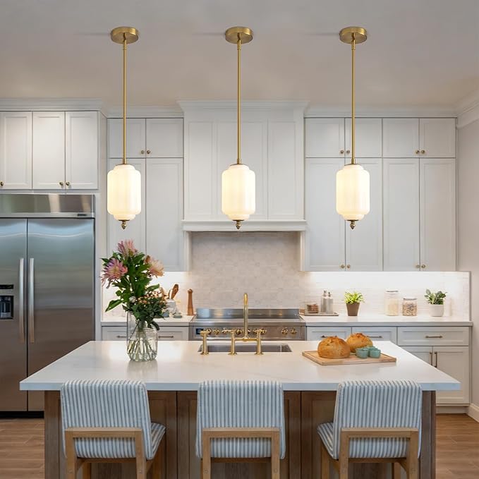 Vintage Milk Glass Pendant Lights 5.5 Inch Mid Century Brass Hanging Ceiling Light, Small Adjustable Height Kitchen Island Hanging Lights for Dining Room, Kitchen, Hallway and Bedroom, E12 Base