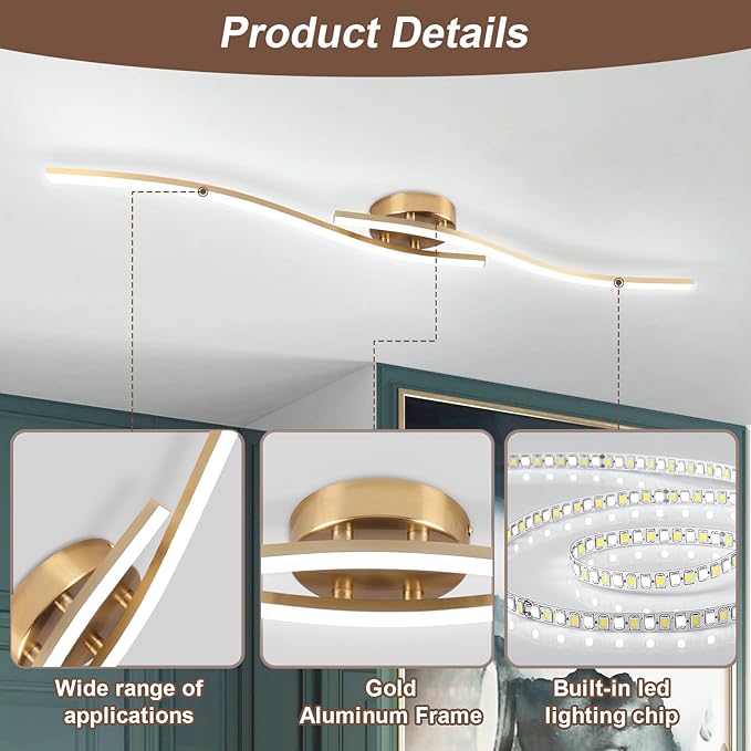 28W Linear Ceiling Light Gold Modern LED Ceiling Light Fixture 6000K Aluminum 39.37Inch Long Ceiling Lamp for Hallway, Kitchen, Bedroom, Dining Room