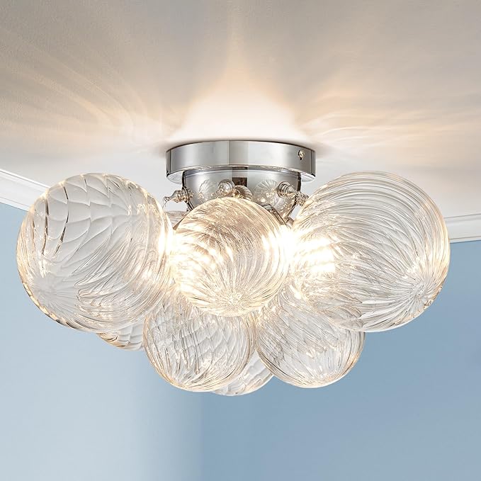 AGV LIGHTING Modern Bubble Glass Flush Mount Ceiling Light Fixture, Chrome 4-Light Ceiling Chandelier with Clear Textured Glass Globe Shades, 18” Living Room Bedroom Dining Room Lighting