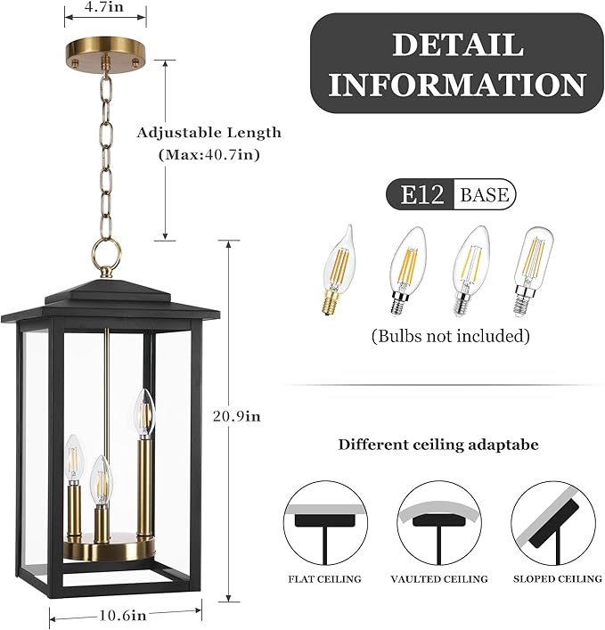 LamQee Large Outdoor Pendant Lights, 3-Lights Black and Gold Outdoor Chandelier Lighting Fixture, Modern Exterior Ceiling Hanging Lantern with Glass, for Porch Front Door Patio Gazebo Entryway Foyer