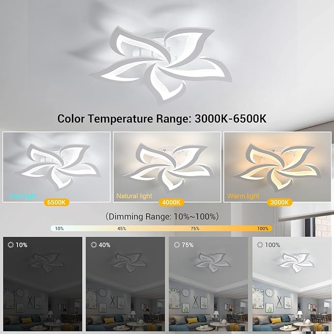 Dimmable 5-Petals Flower Ceiling Light, 3000K-6500K Changeable with APP/Remote Control, Modern LED Flush Mount Ceiling Lights Fixture for Living Room Bedroom Dining Room Kitchen