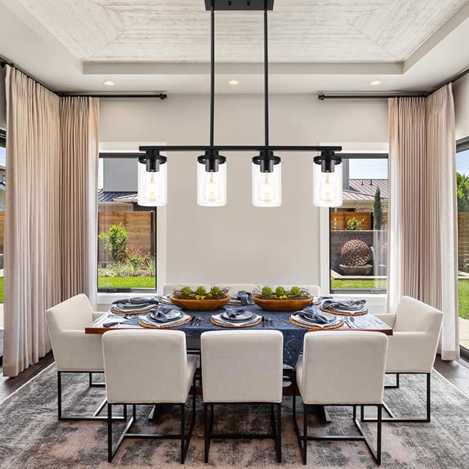 Kitchen Island Pendant Light,4-Light Dining Room Light Fixtures Over Table Vintage Black Flush Mount Ceiling Hanging Lighting with Glass Shade for Kitchen Island Dining Living Room